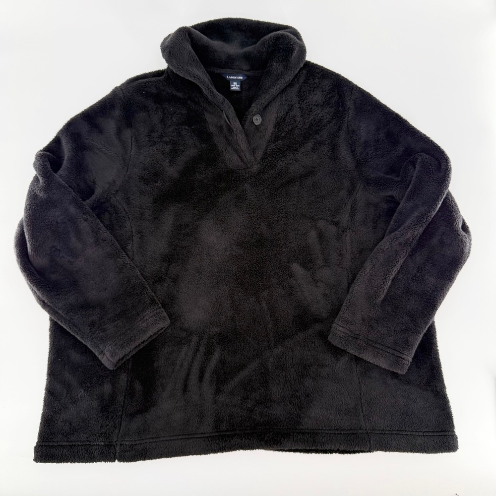 LANDS' END Black Plush Fleece Pullover Plus Size 3X Button Neck Cozy